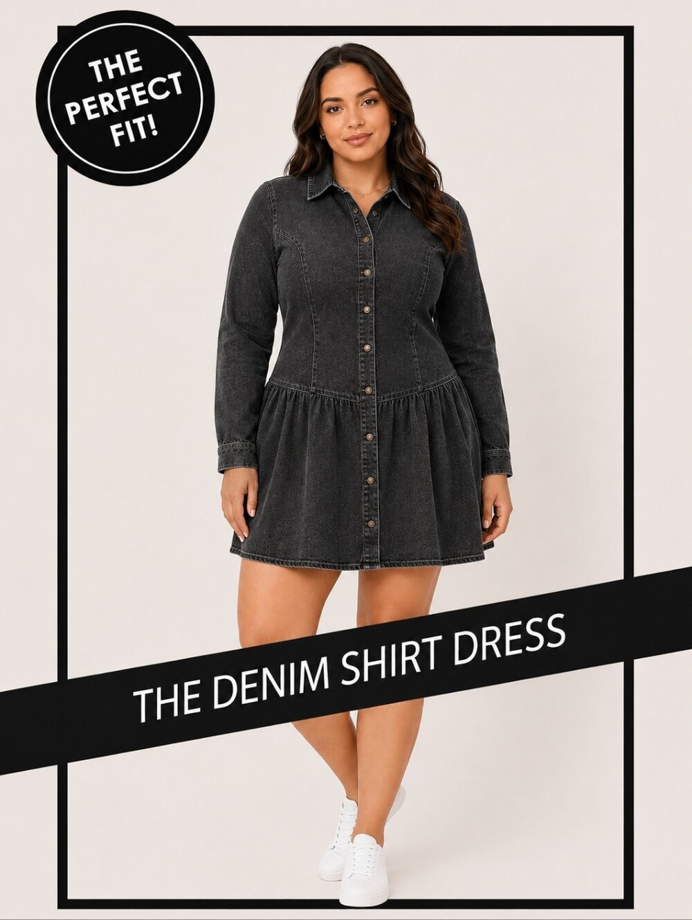 love, Fire Black Button-Front Long Sleeve Denim Shirt Dress